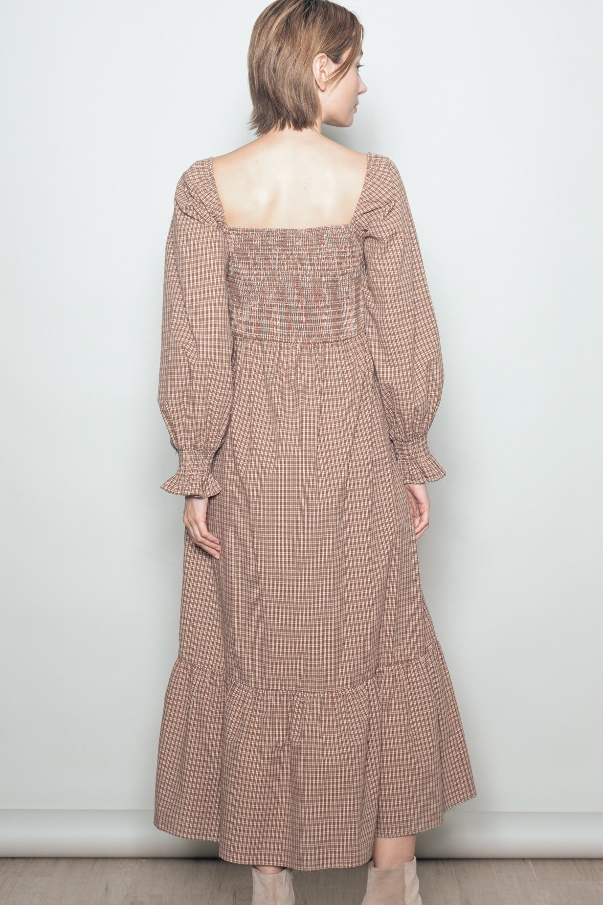 Chestnut Plaid Square Neck Long Sleeve Maxi Dress