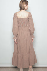 Chestnut Plaid Square Neck Long Sleeve Maxi Dress