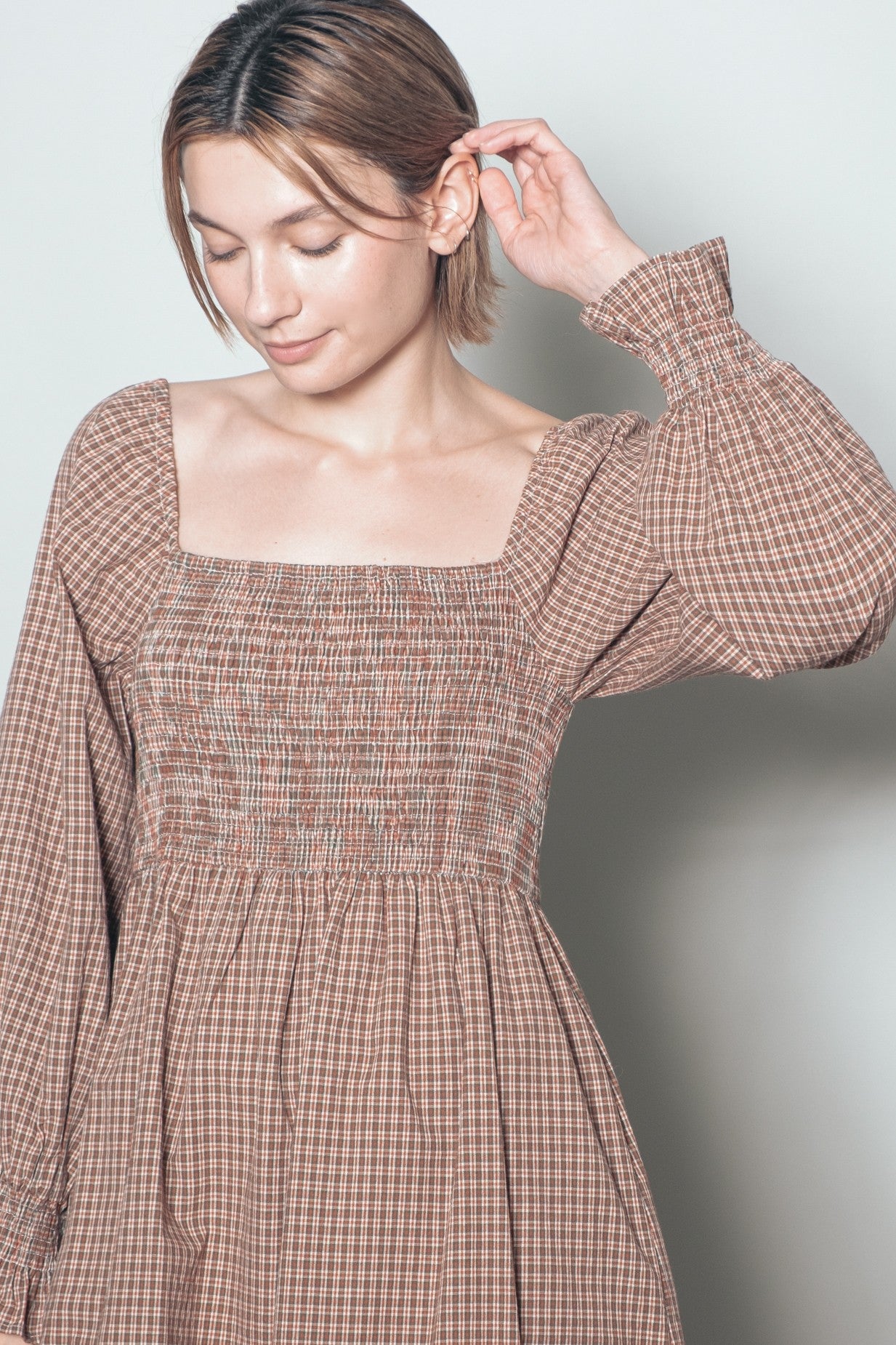 Chestnut Plaid Square Neck Long Sleeve Maxi Dress