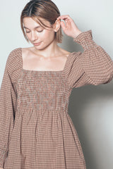 Chestnut Plaid Square Neck Long Sleeve Maxi Dress