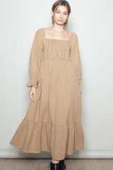 Mustard Plaid Square Neck Long Sleeve Maternity Maxi Dress