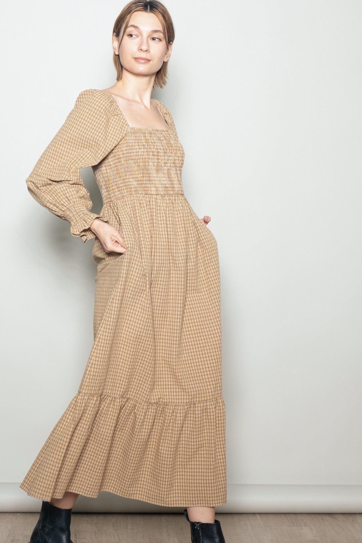 Mustard Plaid Square Neck Long Sleeve Maxi Dress