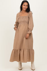 Mustard Plaid Square Neck Long Sleeve Maternity Maxi Dress