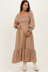 Mustard Plaid Square Neck Long Sleeve Maternity Maxi Dress