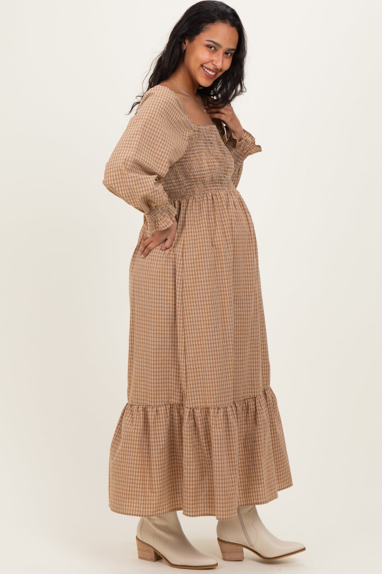 Mustard Plaid Square Neck Long Sleeve Maternity Maxi Dress