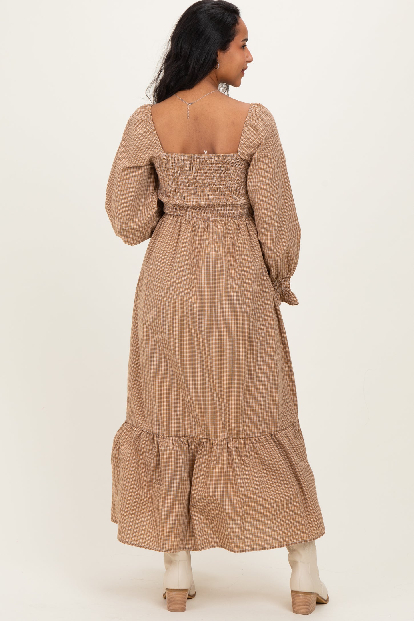 Mustard Plaid Square Neck Long Sleeve Maternity Maxi Dress