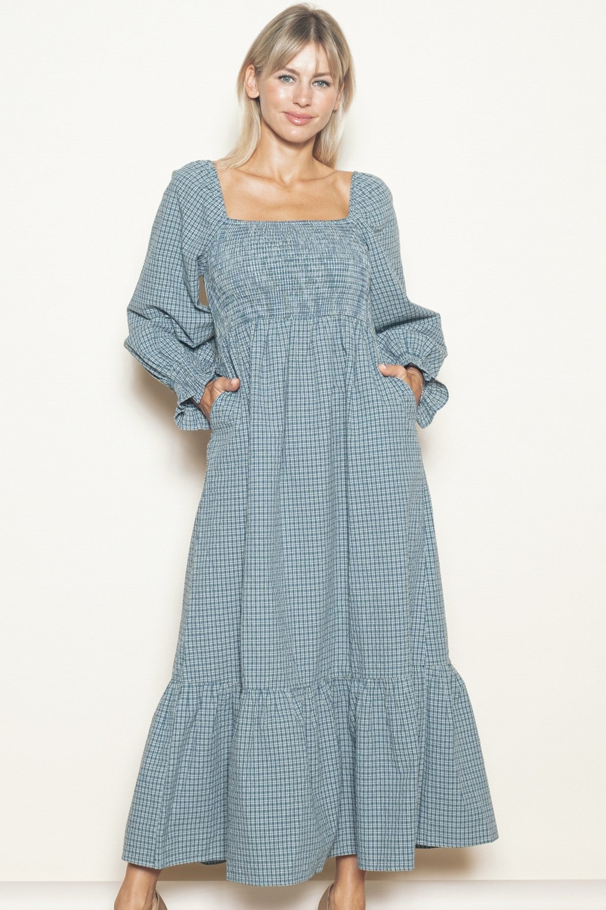 Dusty Blue Plaid Square Neck Long Sleeve Maxi Dress Dusty Blue Plaid Square Neck Long Sleeve Maxi Dress