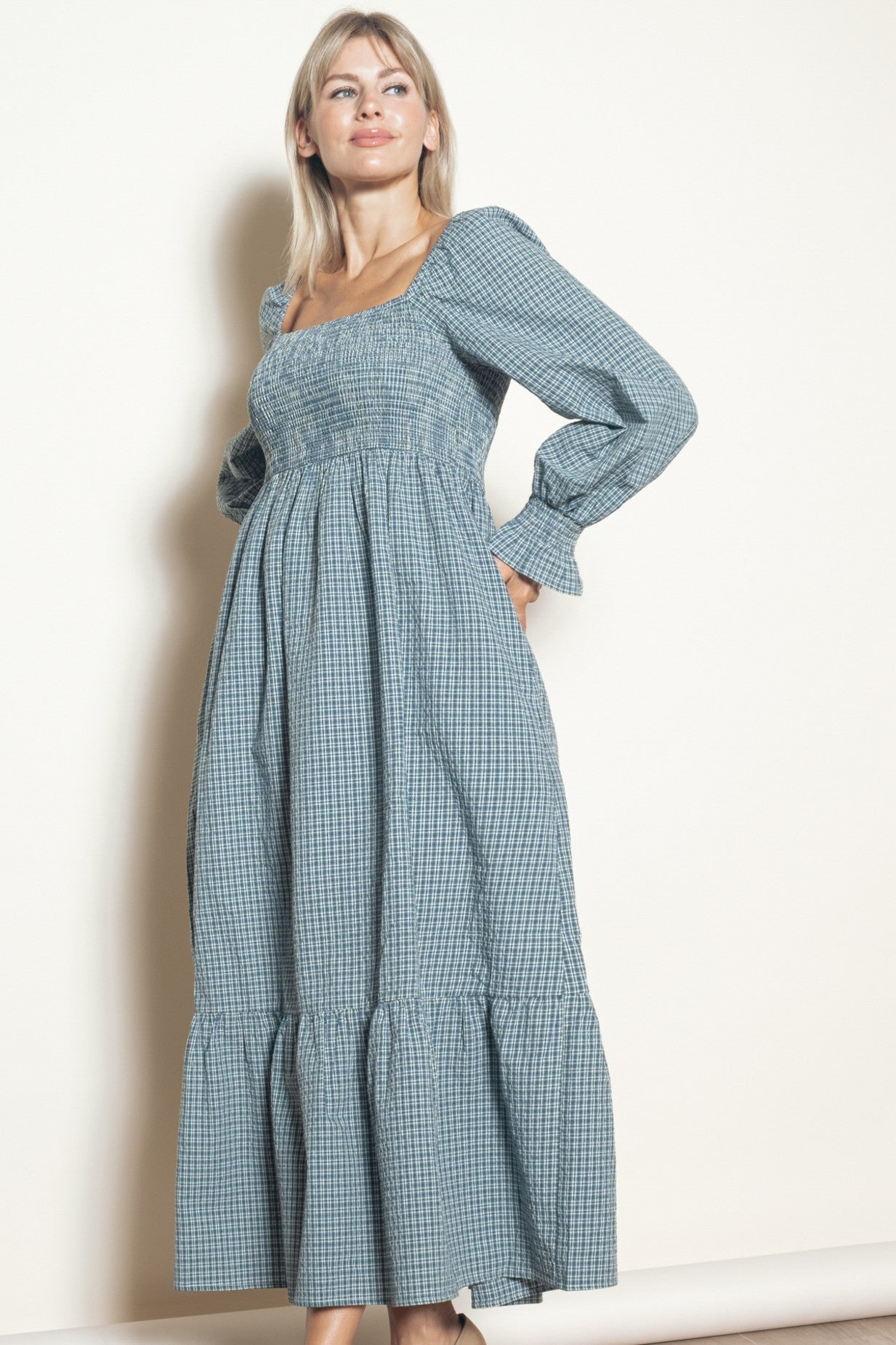 Dusty Blue Plaid Square Neck Long Sleeve Maxi Dress Dusty Blue Plaid Square Neck Long Sleeve Maxi Dress