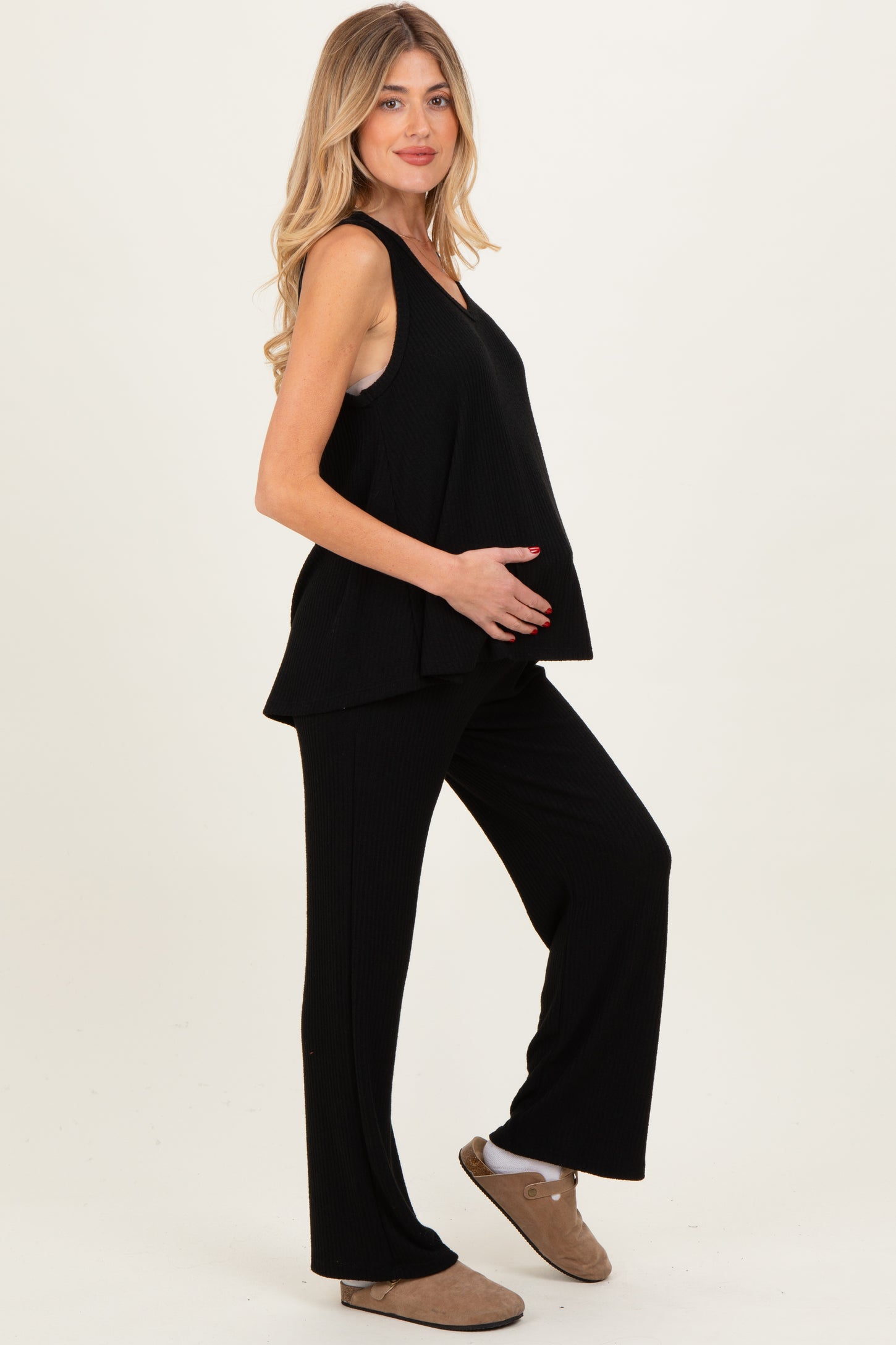 Black Rib Knit Tank and Pant Maternity Set