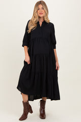Black Collared Button Up Tiered Maternity Midi Dress