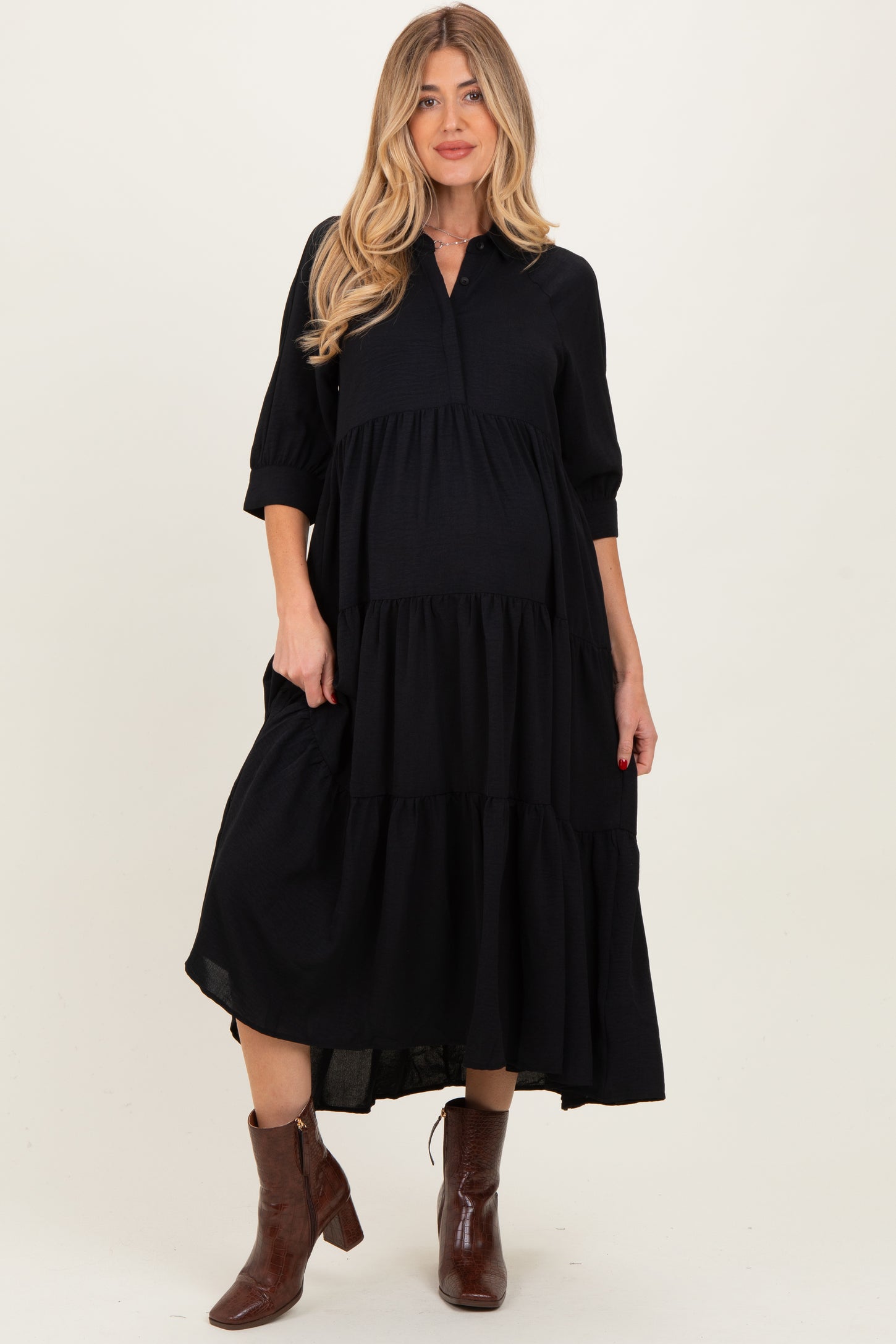 black maternity midi dress Black Button Detail Knitted Rib Maternity Midi Dress