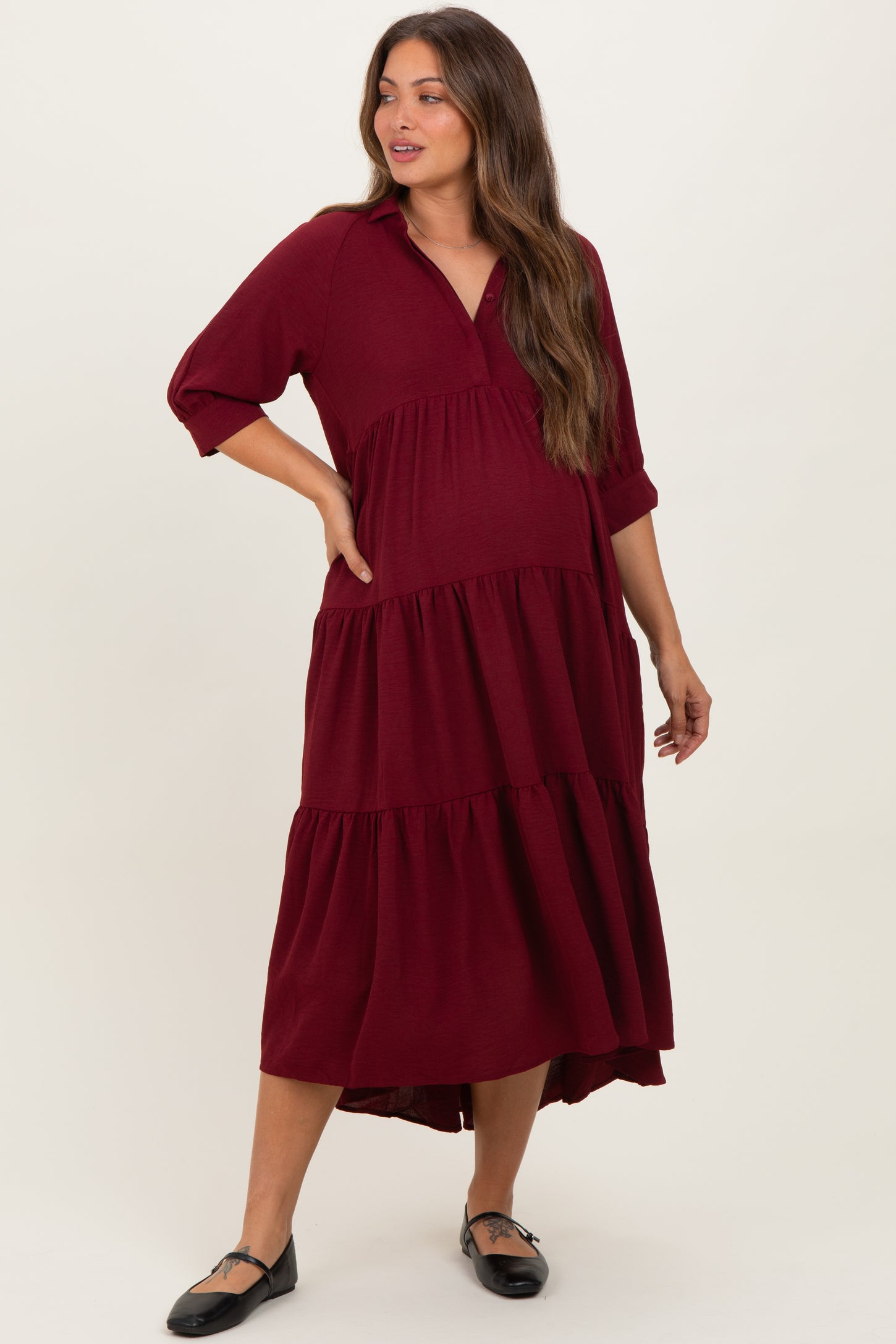 Wine Collared Button Up Tiered Maternity Midi Dress Wine Collared Button Up Tiered Maternity Midi Dress