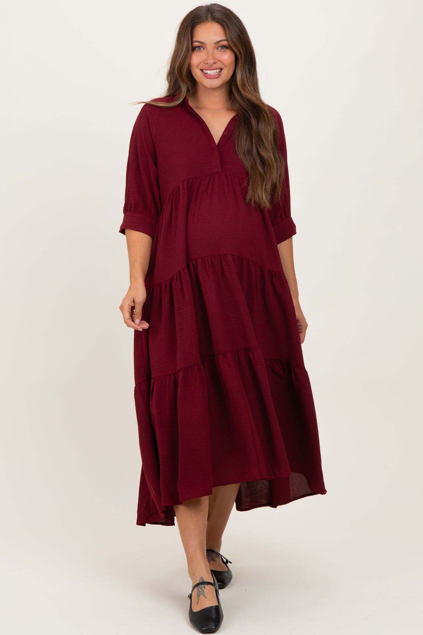 Wine Collared Button Up Tiered Maternity Midi Dress Wine Collared Button Up Tiered Maternity Midi Dress