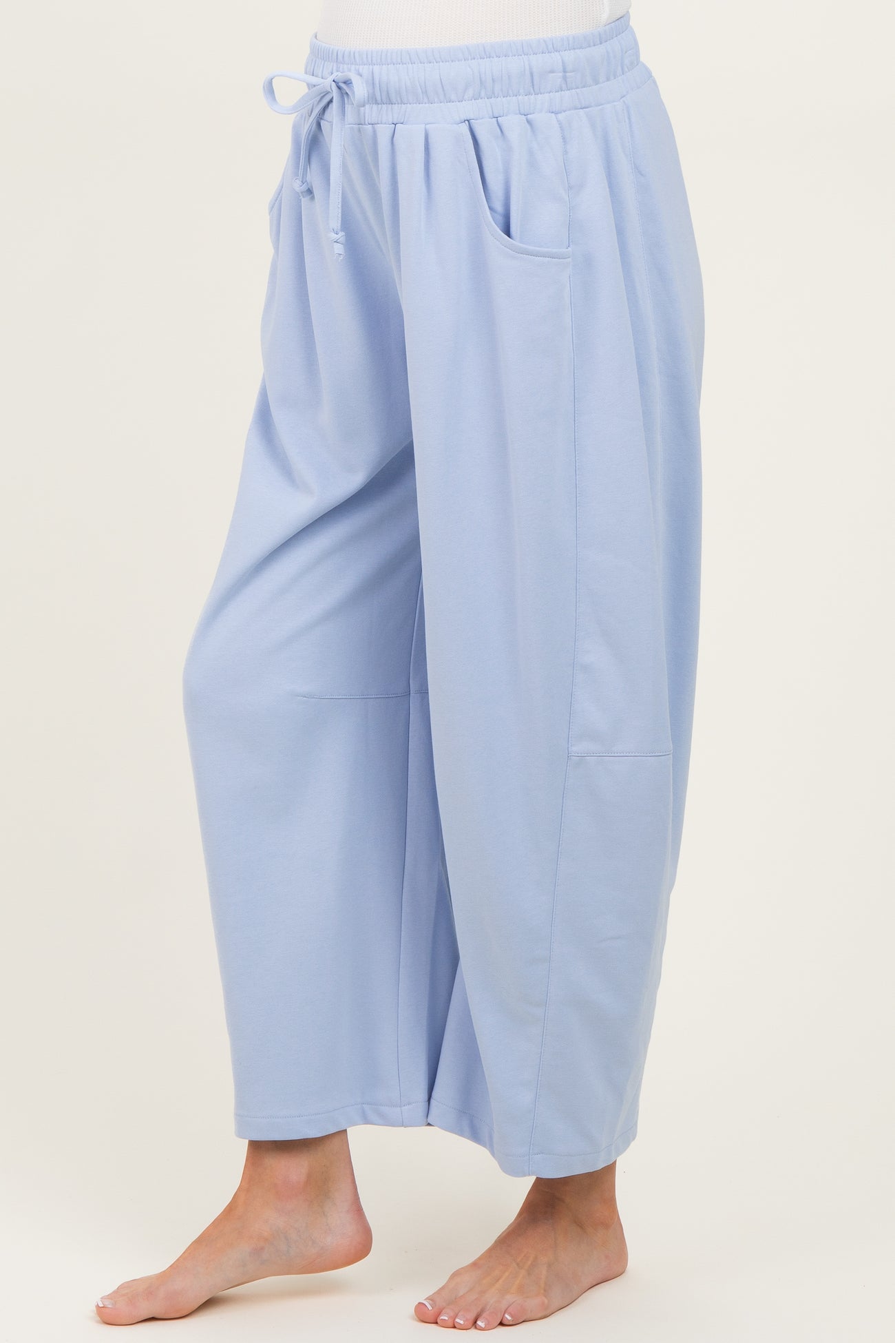 maternity wear light blue wide leg lounge pants with pockets and drawstring waist