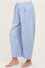 maternity wear light blue wide leg lounge pants with pockets and drawstring waist