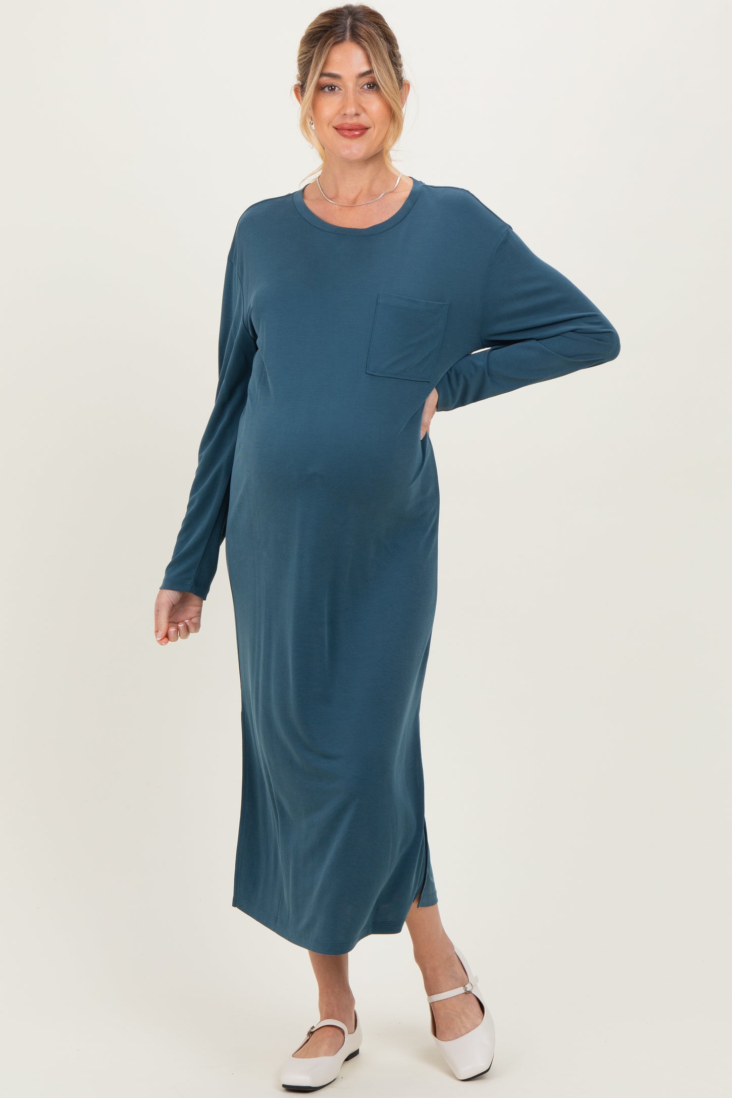 Teal Oversized Long Sleeve Maternity Midi Dress