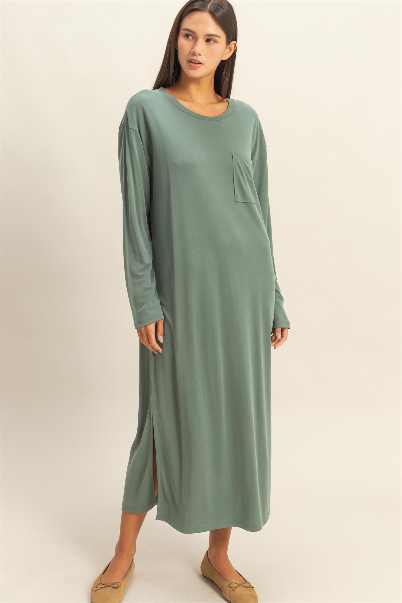 Light Olive Oversized Long Sleeve Midi Dress
