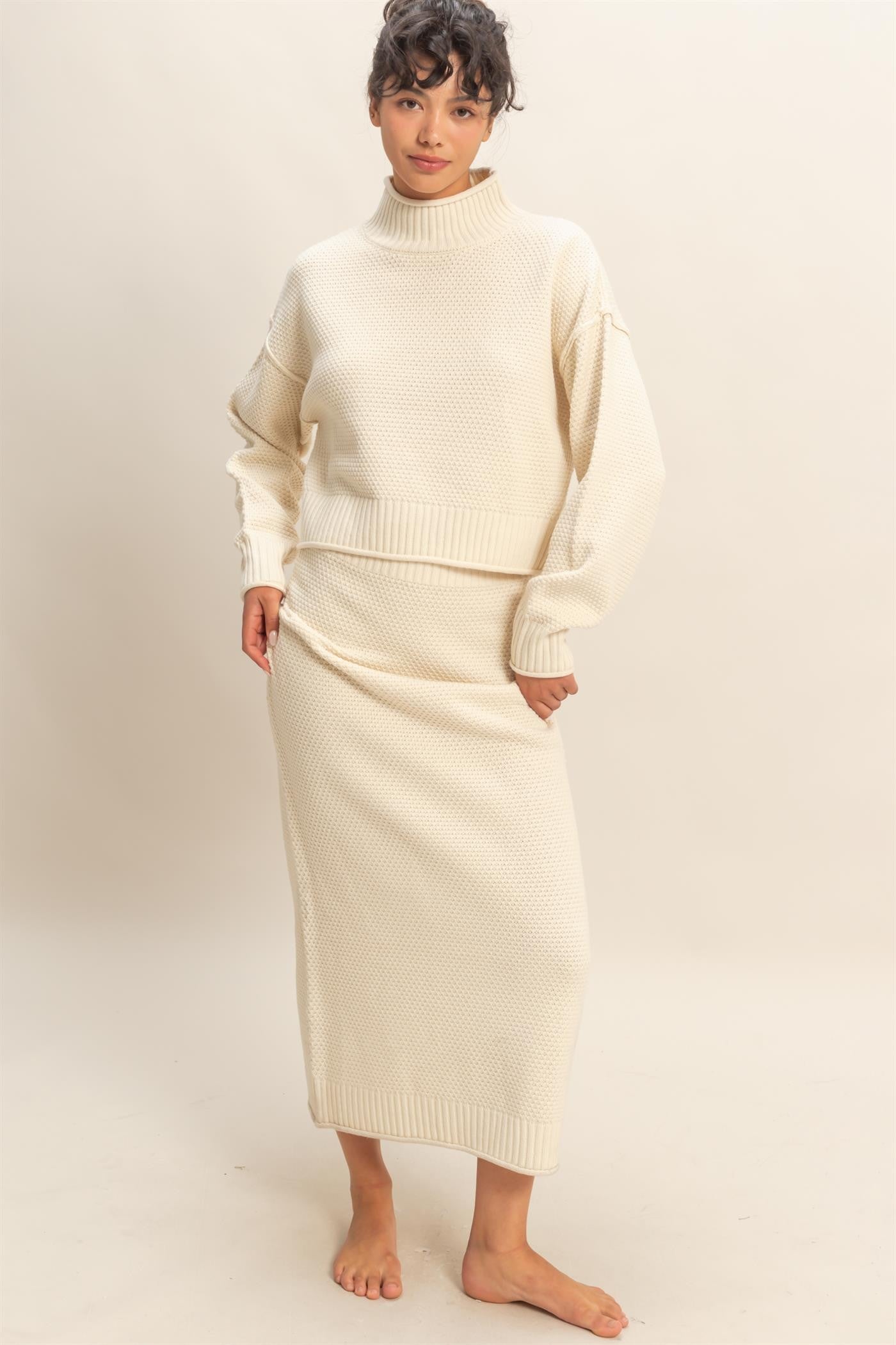 Cream Waffle Knit High Neck Sweater Skirt Maternity Set