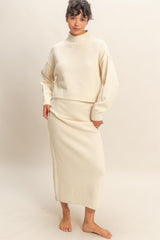 Cream Waffle Knit High Neck Sweater Skirt Maternity Set