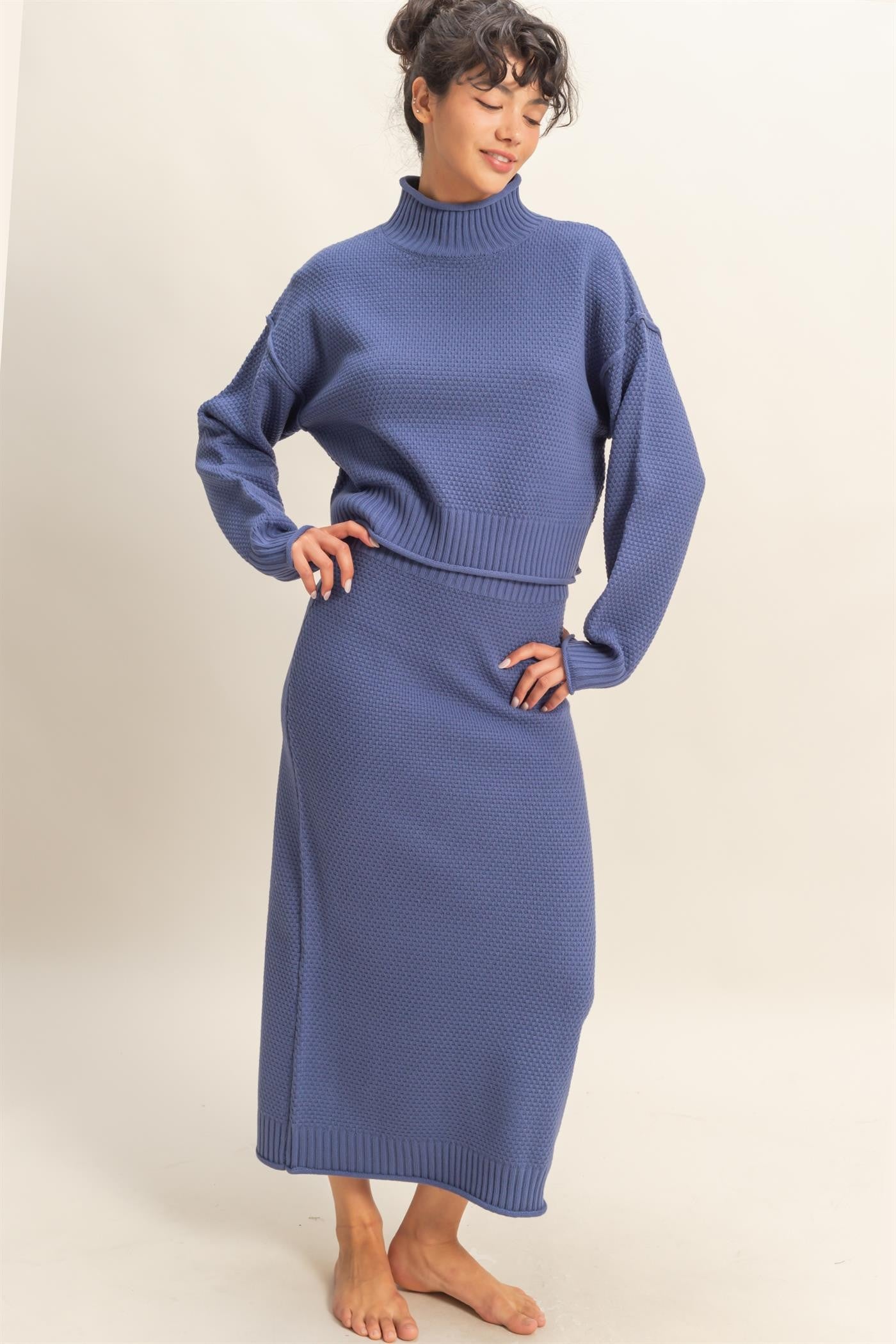 Dusty Navy Waffle Knit High Neck Sweater Skirt Set Dusty Navy Waffle Knit High Neck Sweater Skirt Set