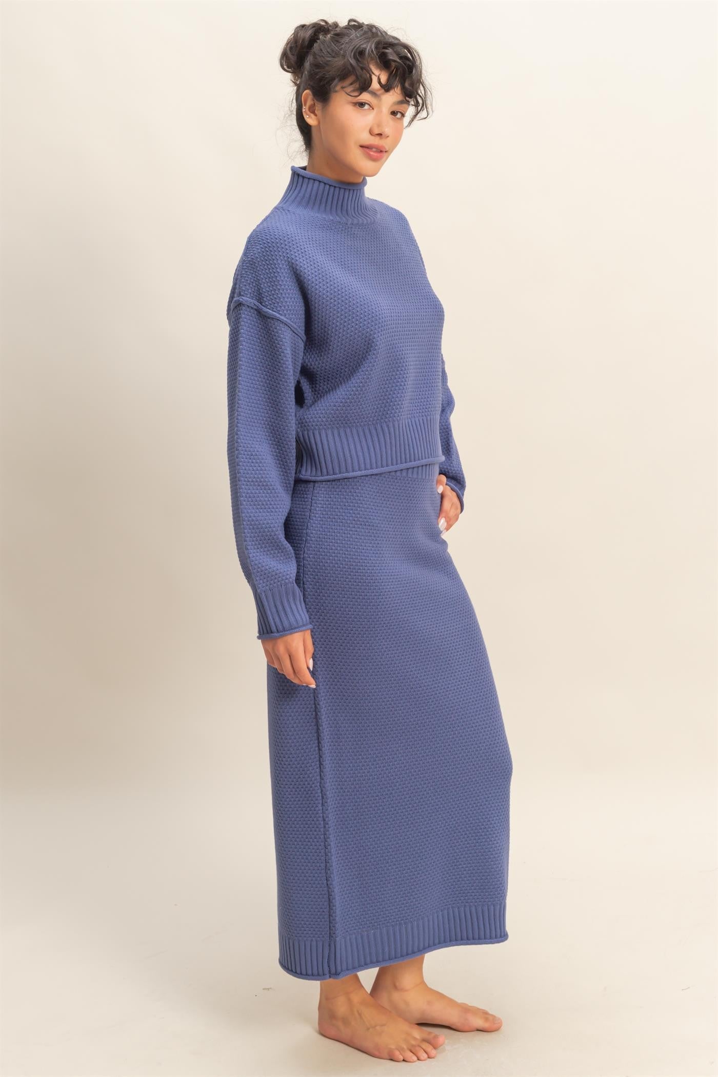 Dusty Navy Waffle Knit High Neck Sweater Skirt Set