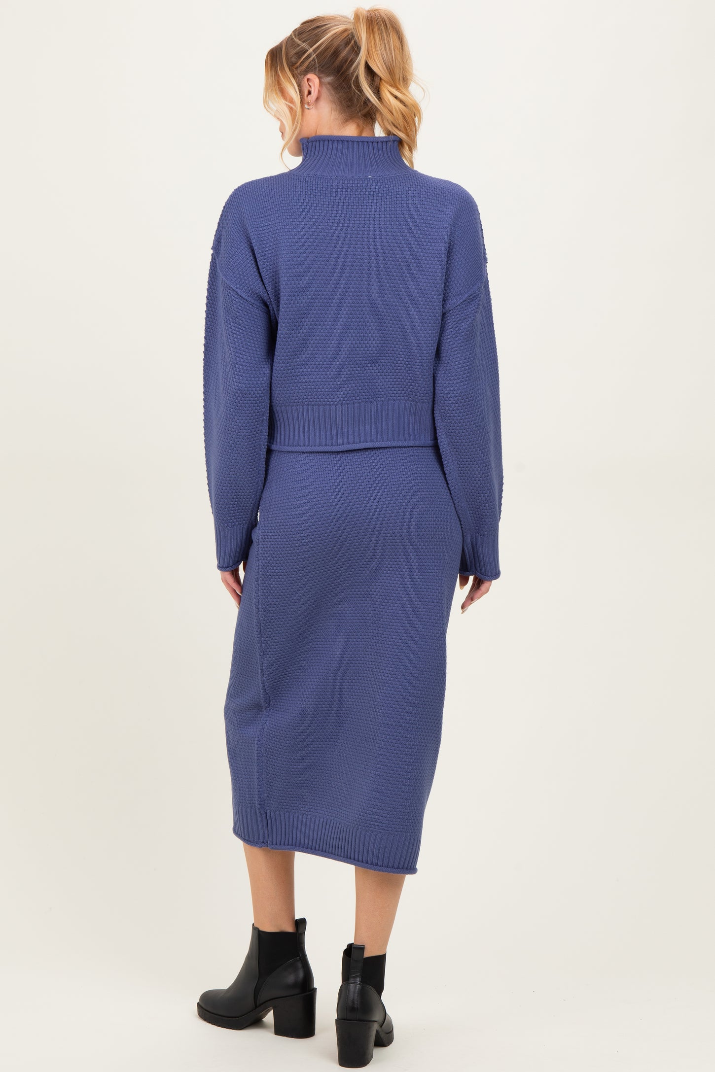 Dusty Navy Waffle Knit High Neck Sweater Skirt Maternity Set