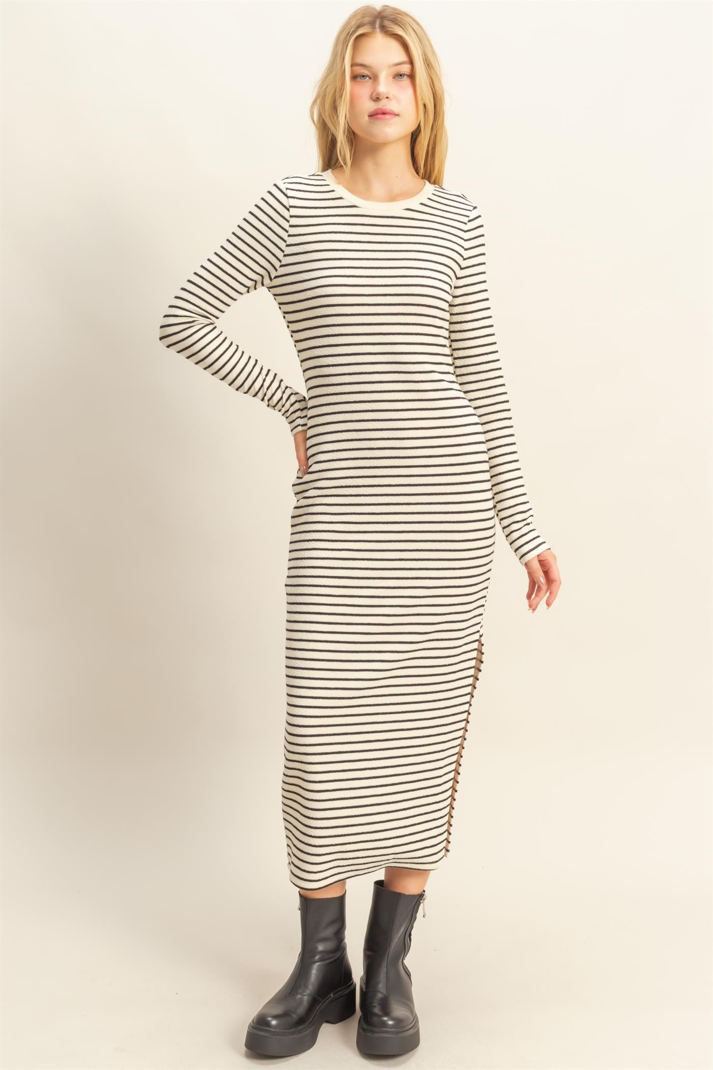 Cream Striped Long Sleeve Midi Dress