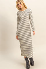Cream Striped Long Sleeve Midi Dress