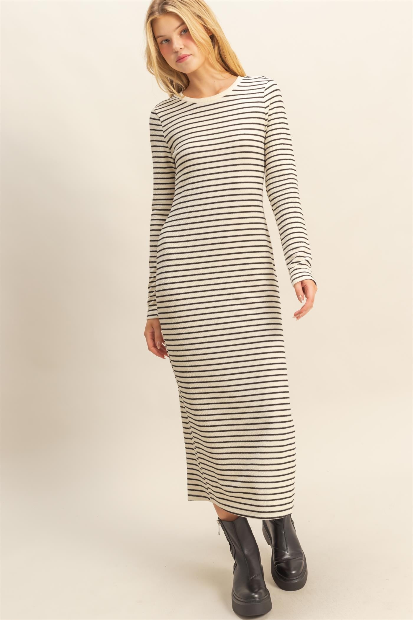 Cream Striped Long Sleeve Midi Dress
