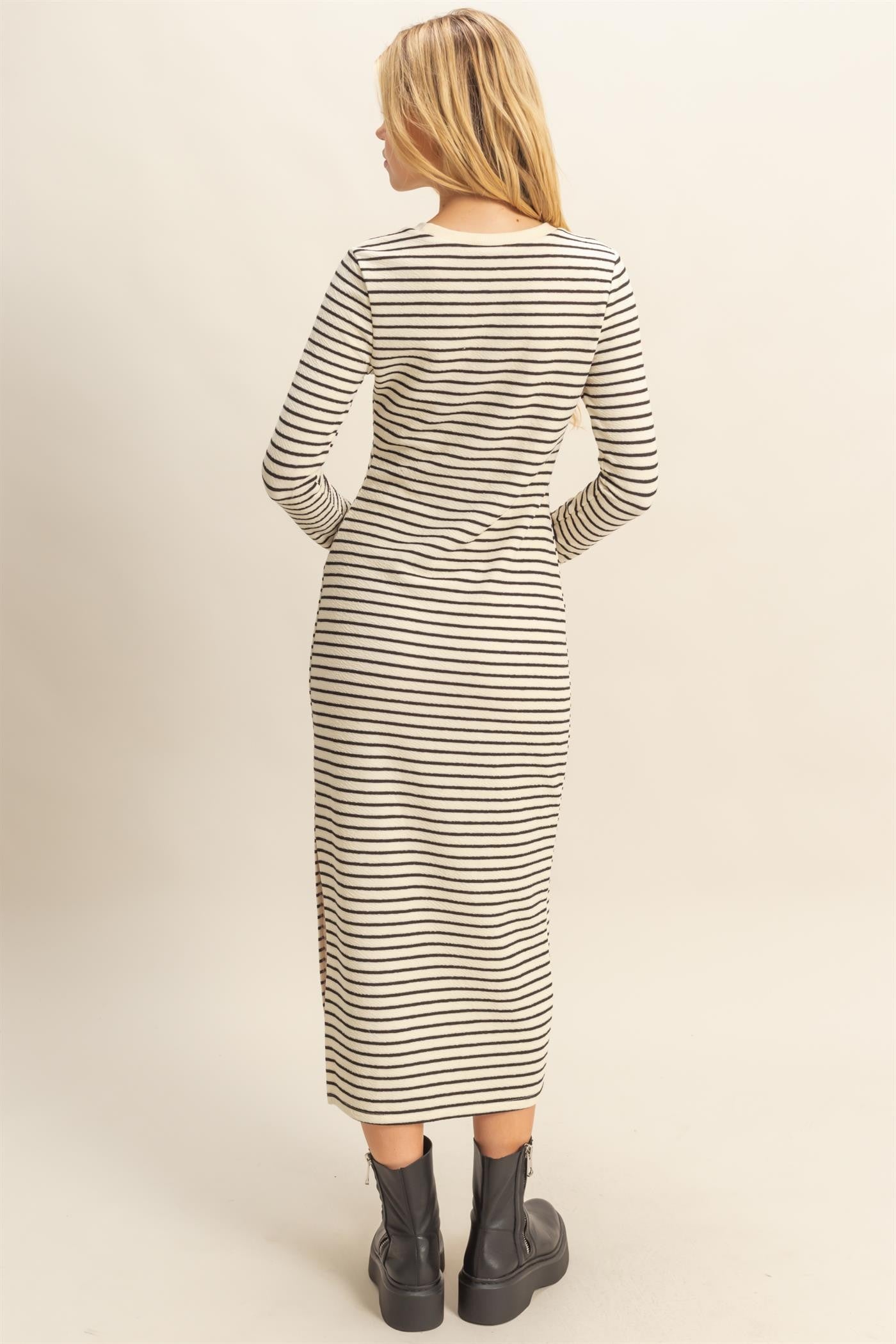 Cream Striped Long Sleeve Midi Dress
