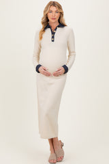 Cream Denim Trim Maternity Knit Dress