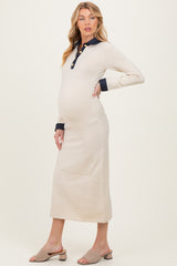Cream Denim Trim Maternity Knit Dress