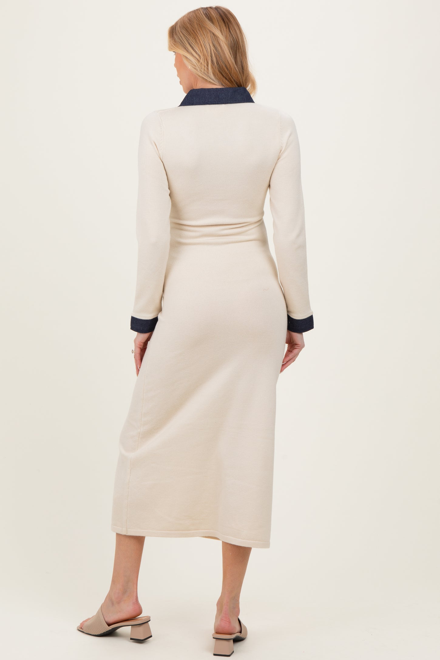 Cream Denim Trim Maternity Knit Dress