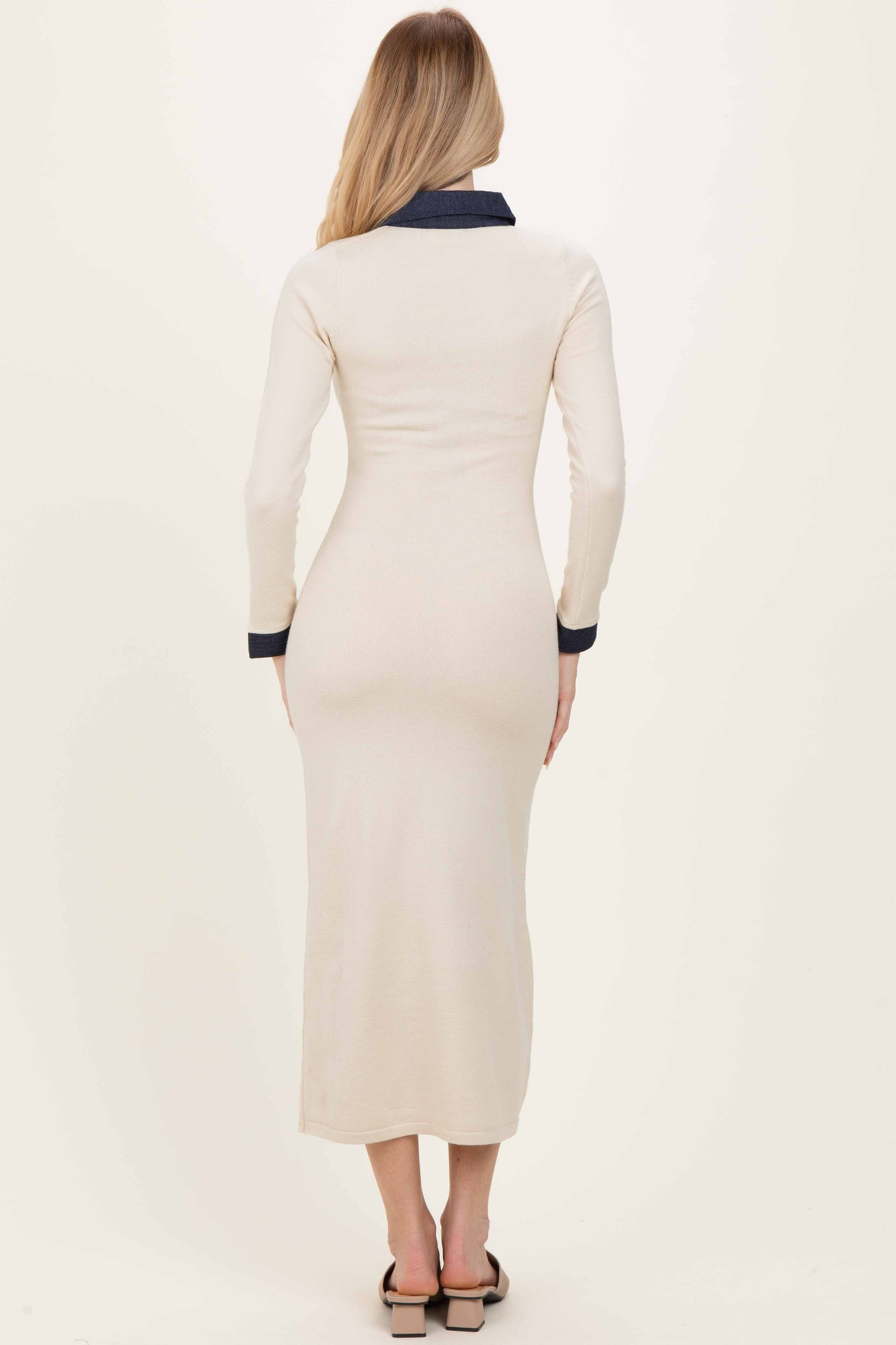 Cream Denim Trim Knit Dress