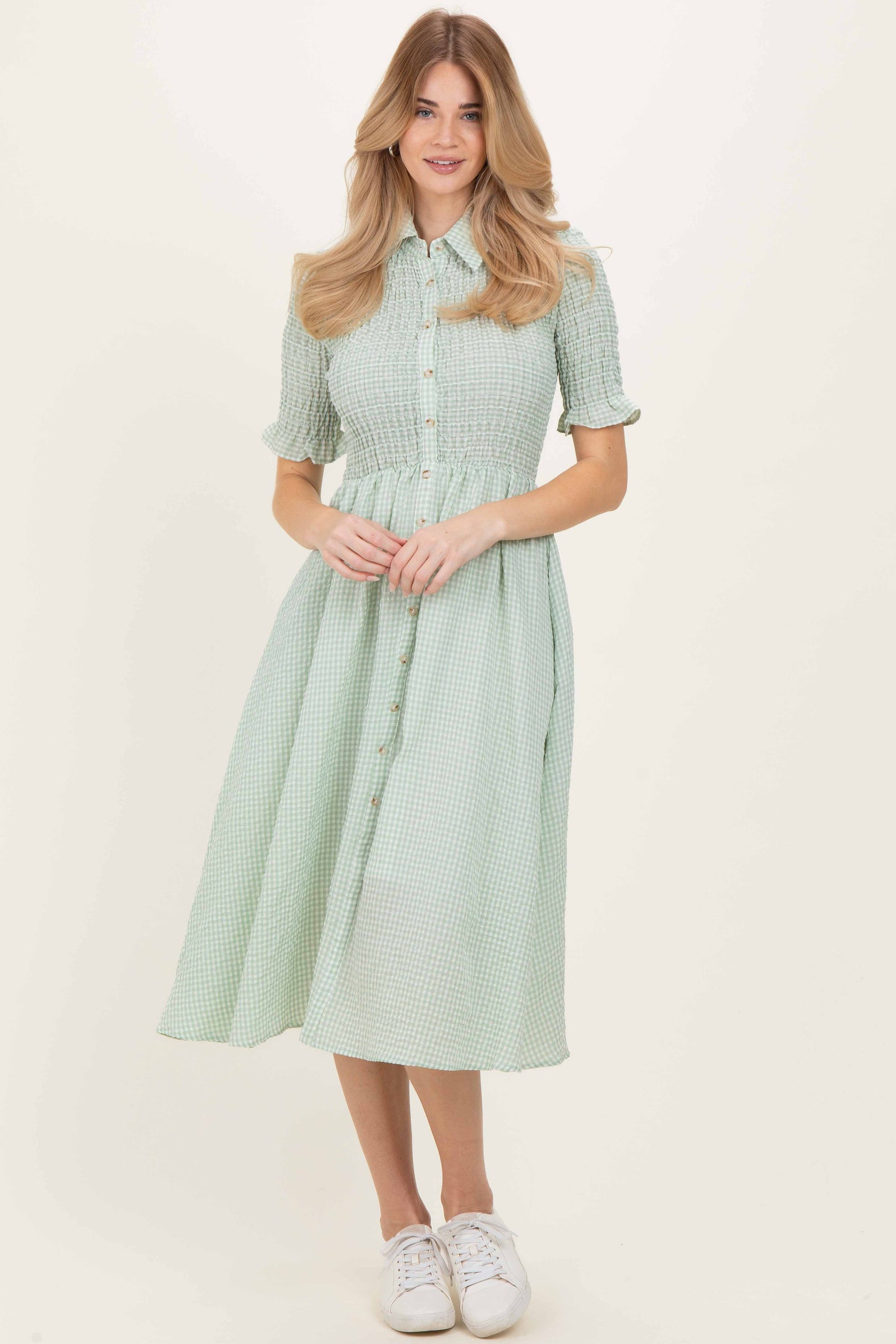 Sage Gingham Smocked Button Down Midi Dress