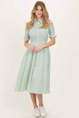 Sage Gingham Smocked Button Down Midi Dress