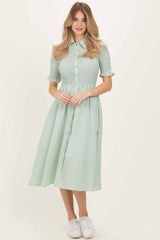 Sage Gingham Smocked Button Down Maternity Midi Dress