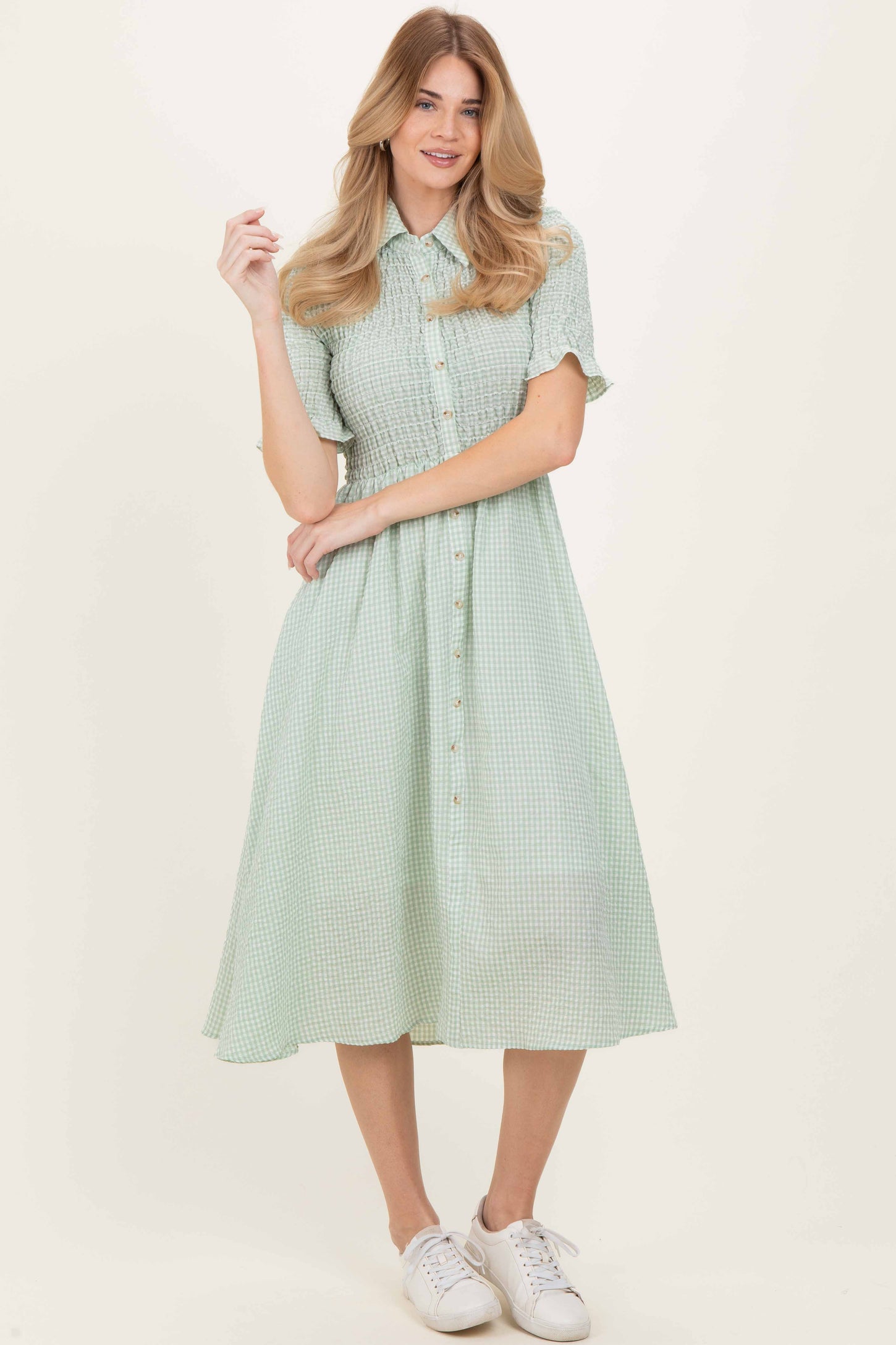 Sage Gingham Smocked Button Down Midi Dress