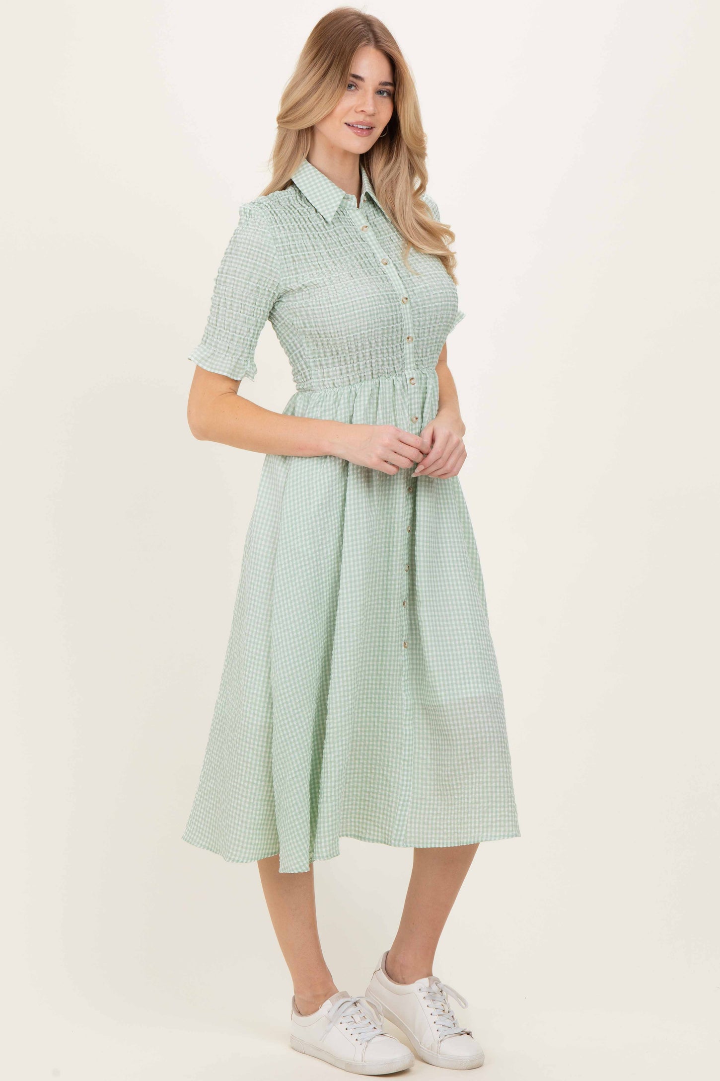 Sage Gingham Smocked Button Down Midi Dress