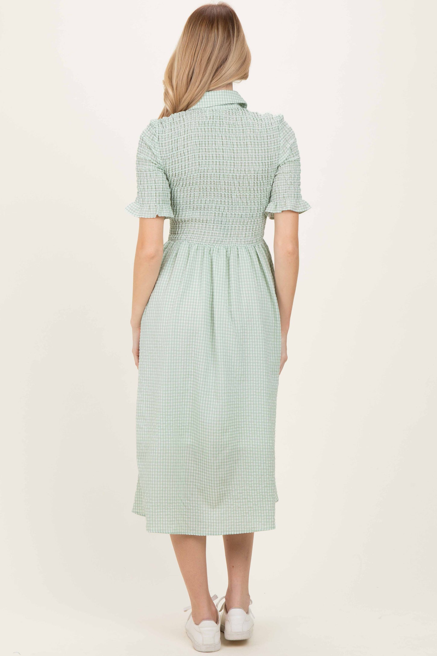Sage Gingham Smocked Button Down Midi Dress
