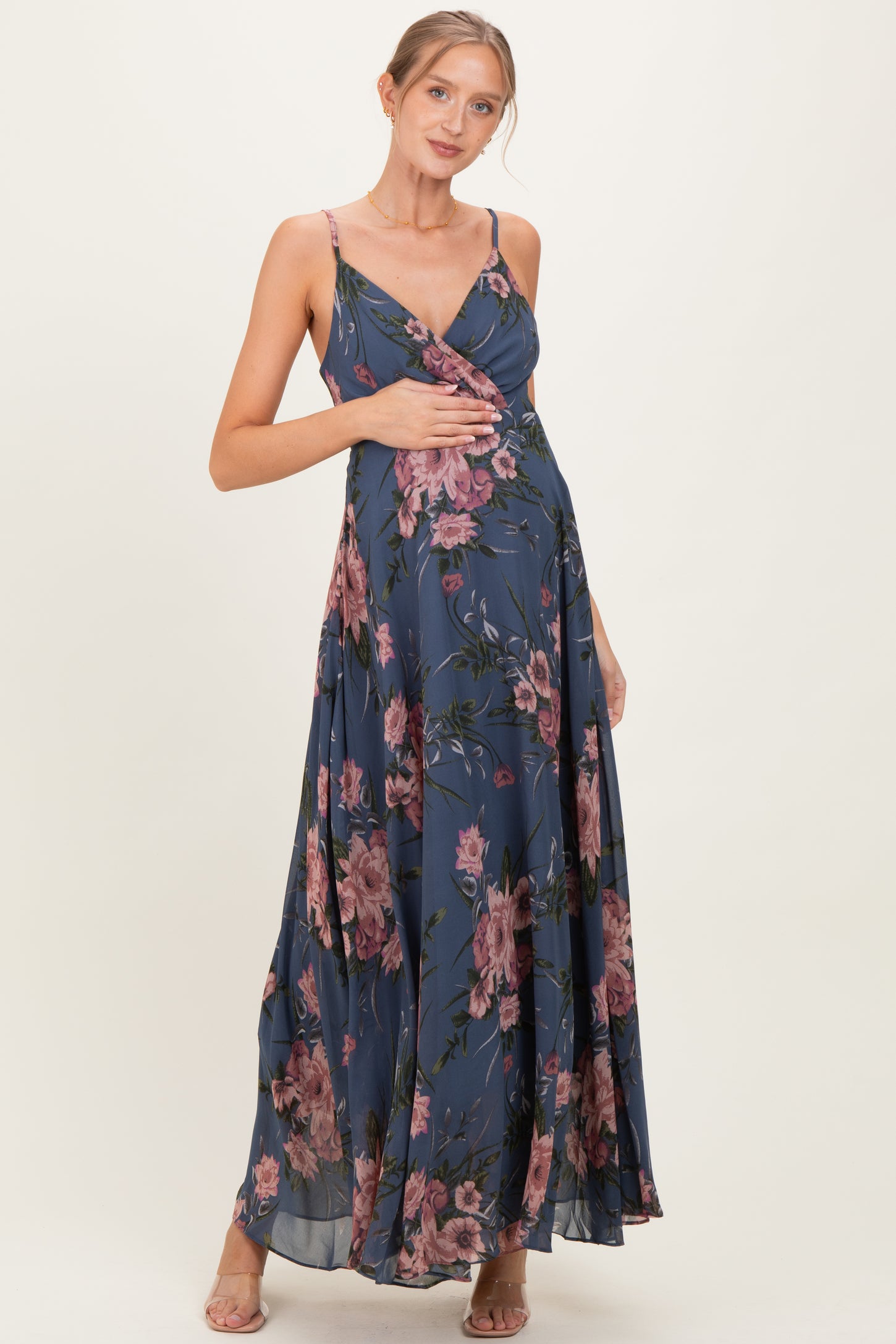 Dusty Blue Floral V-Neck Sleeveless Maternity Maxi Dress Dusty Blue Floral V-Neck Sleeveless Maternity Maxi Dress