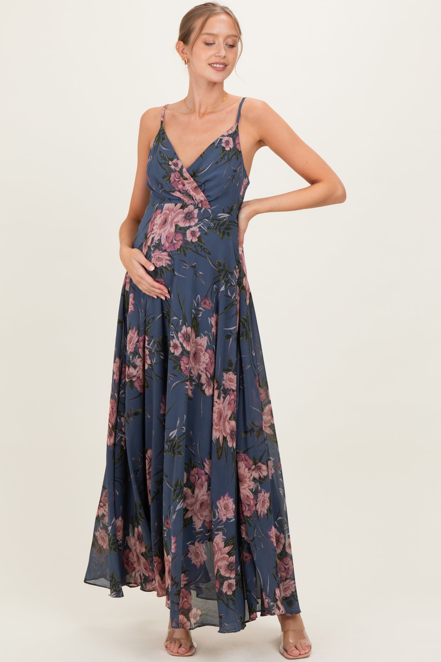 Dusty Blue Floral V-Neck Sleeveless Maternity Maxi Dress
