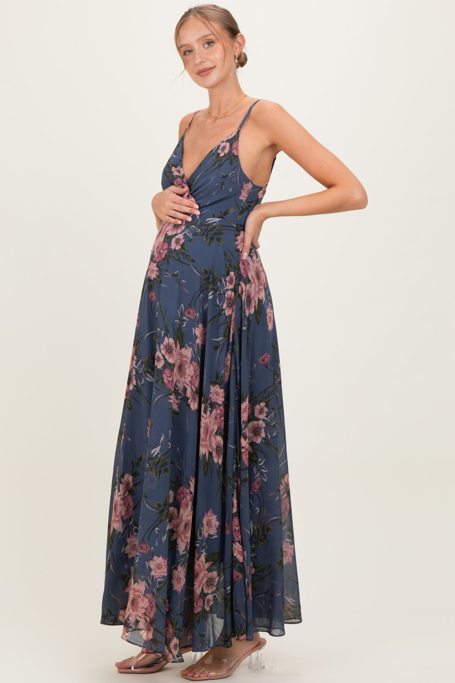 Dusty Blue Floral V-Neck Sleeveless Maternity Maxi Dress Dusty Blue Floral V-Neck Sleeveless Maternity Maxi Dress