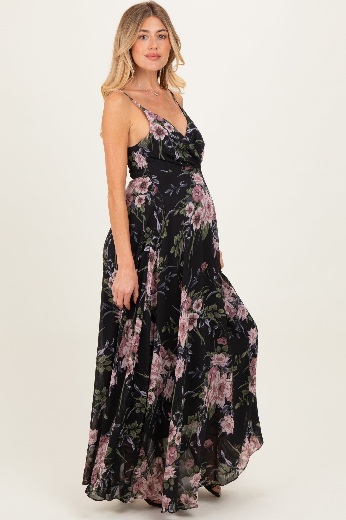 Black Floral V-Neck Sleeveless Maternity Maxi Dress