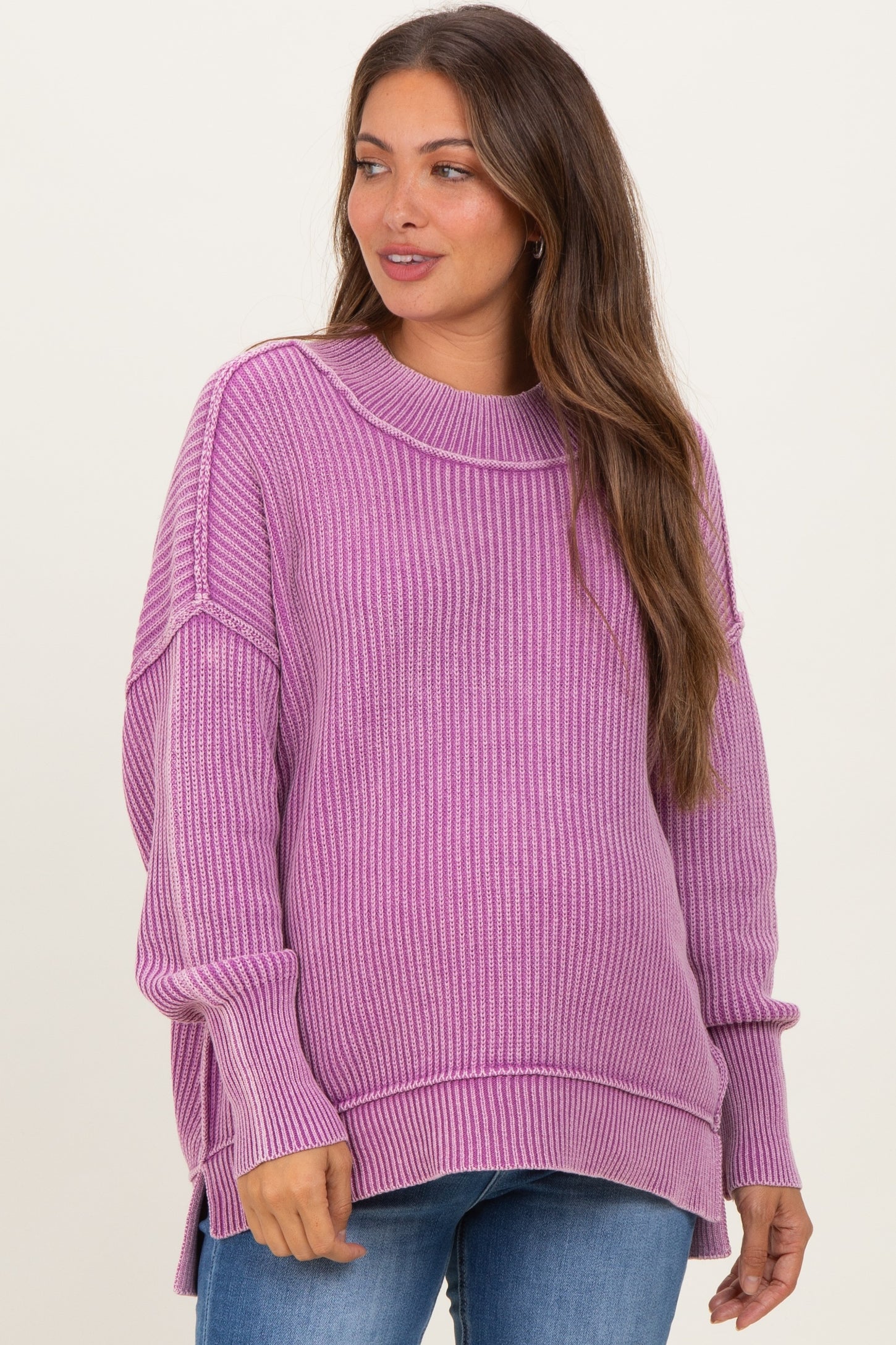 Violet Washed Side Slit Oversized Maternity Sweater
