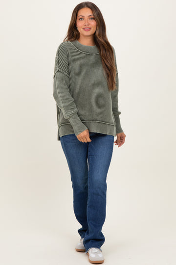 Olive Washed Side Slit Oversized Maternity Sweater