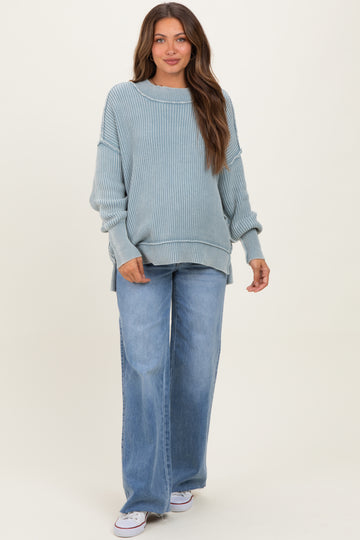 Light Blue Washed Side Slit Oversized Maternity Sweater