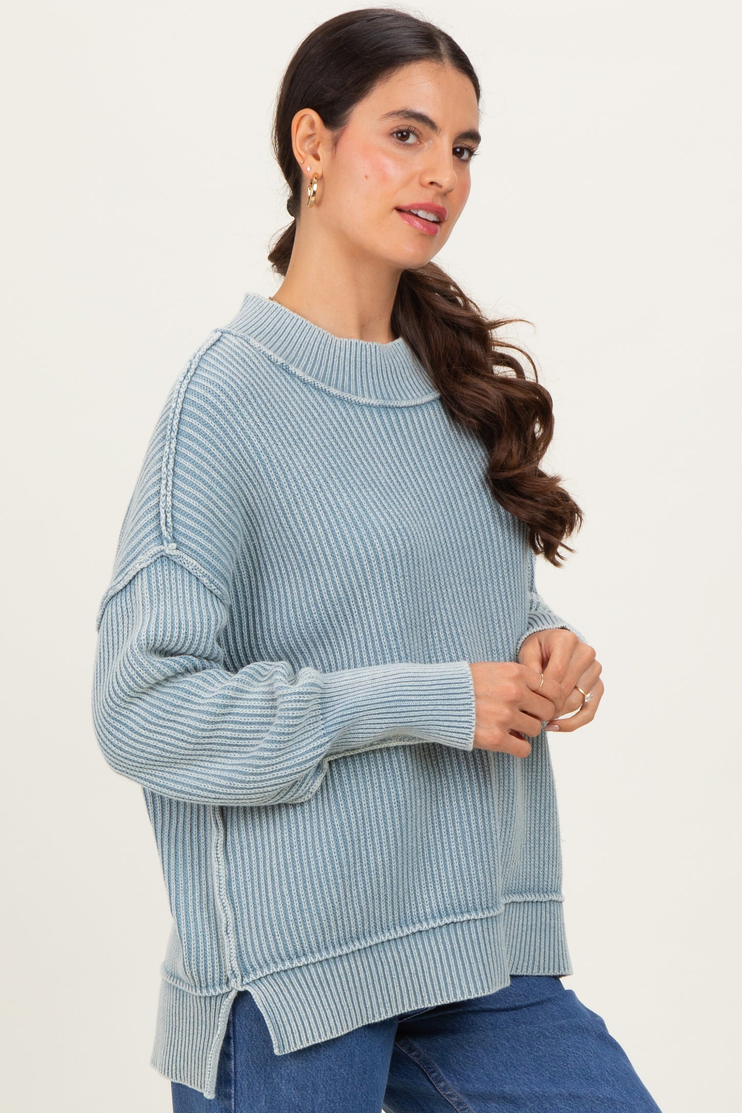 Light Blue Washed Side Slit Oversized Sweater