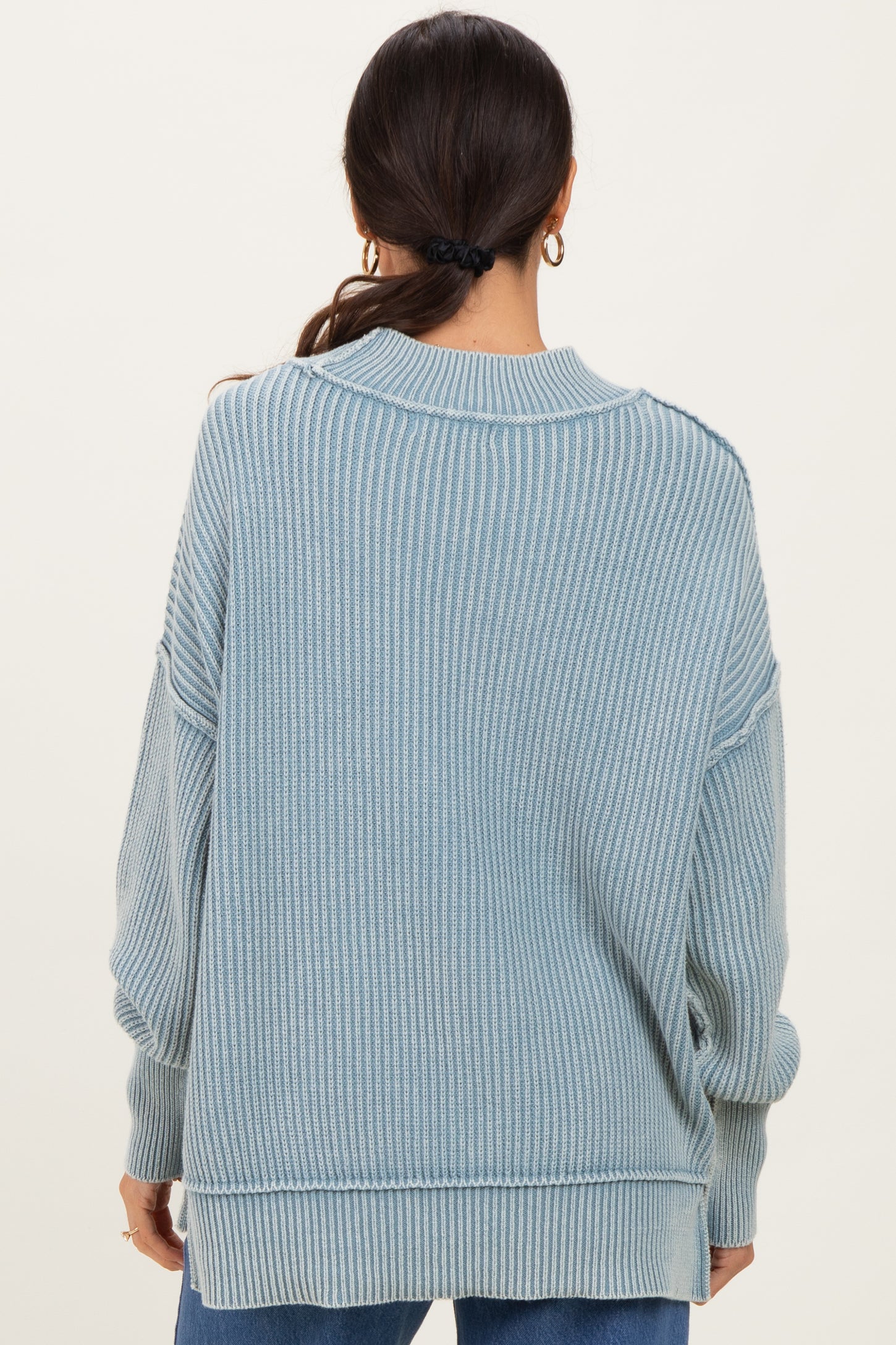 Light Blue Washed Side Slit Oversized Sweater