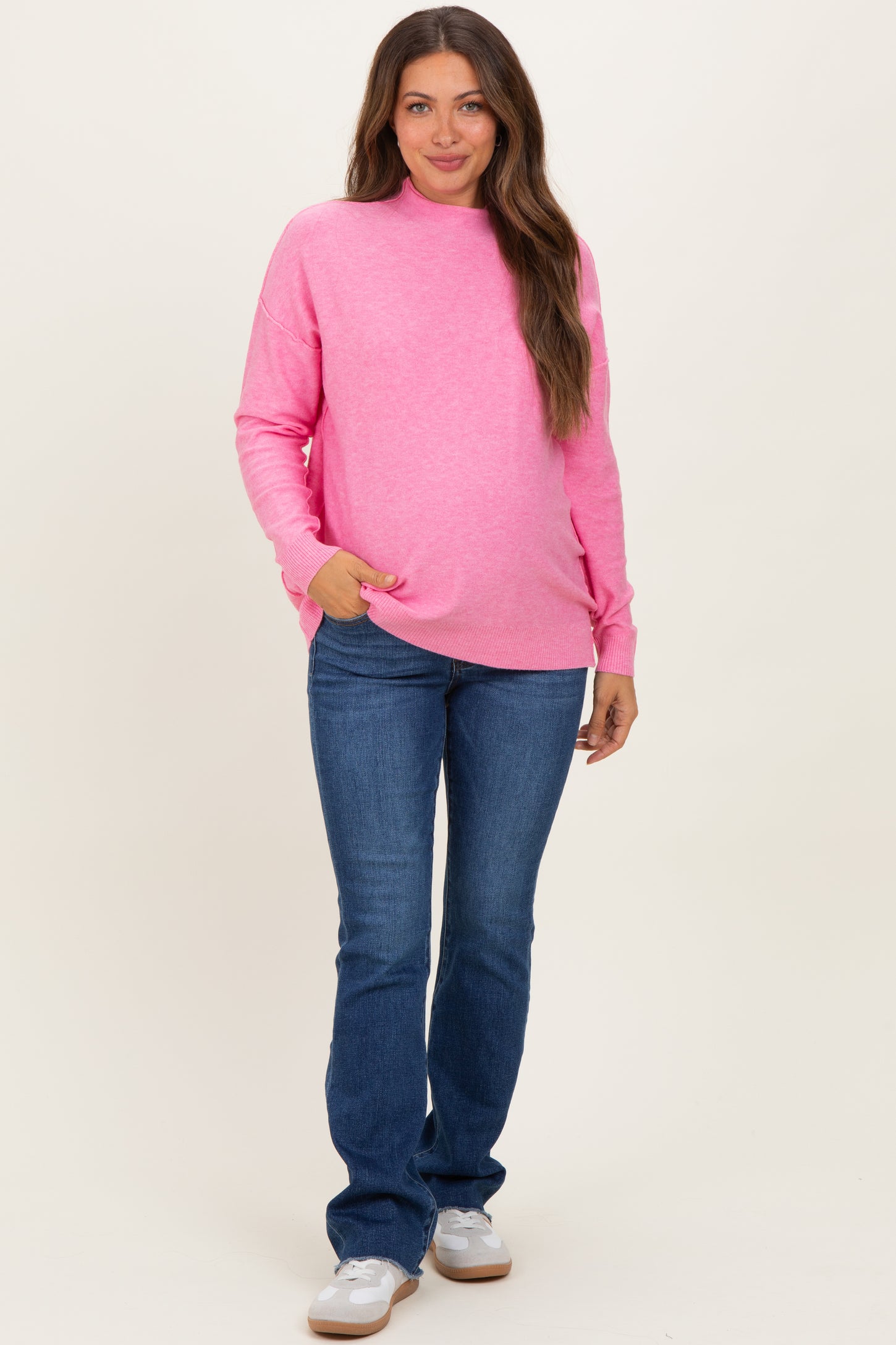 Pink Mock Neck Exposed Seam Maternity Sweater